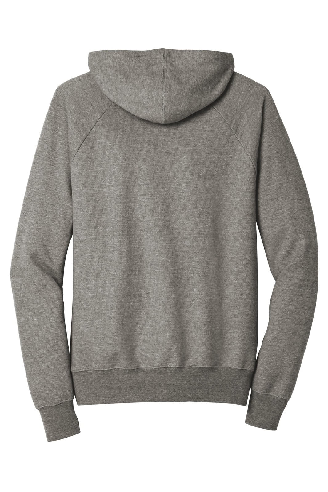 A grey hooded jumper with a ribbed hem and sleeves. The backside features a simple, clean design.