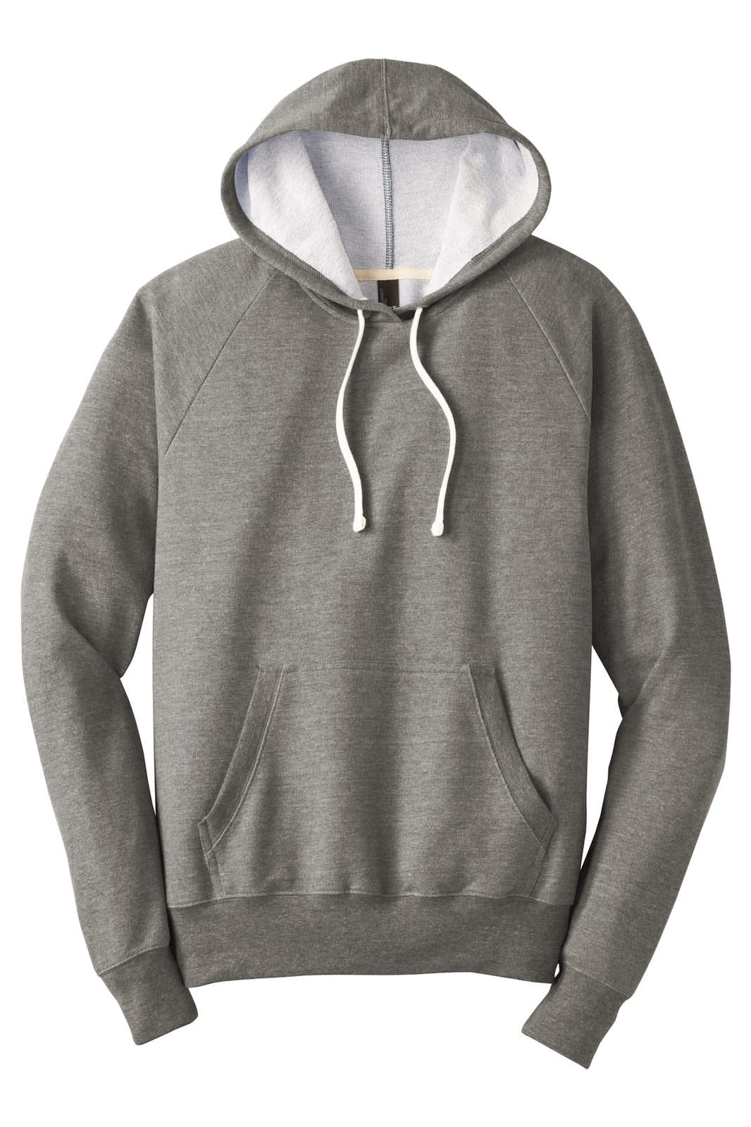 A grey French terry hoodie featuring a white-lined hood and front pouch pocket, with a logo on the waistband.