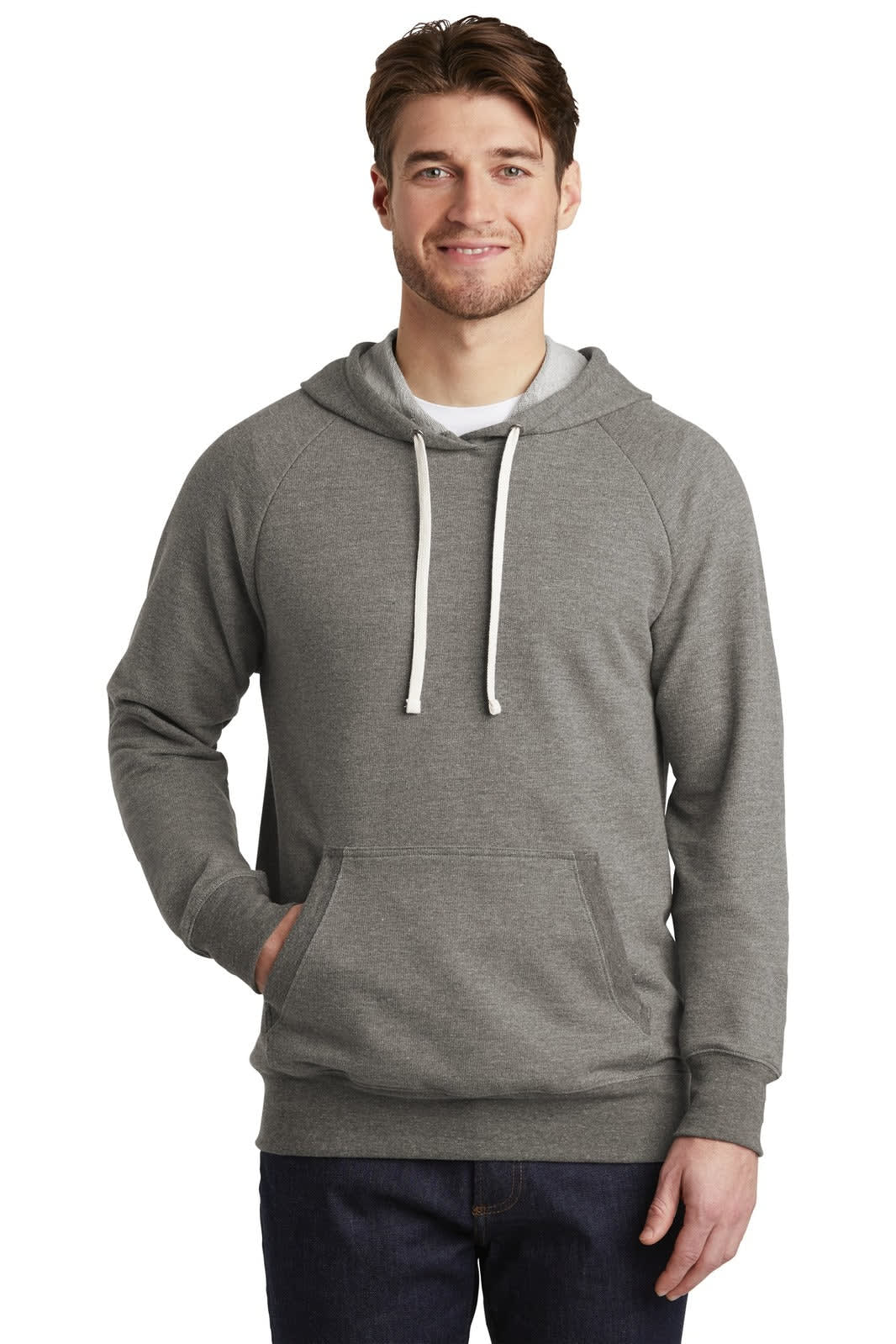 A grey French terry hoodie with a kangaroo pocket and a drawstring hood, worn by a smiling man.