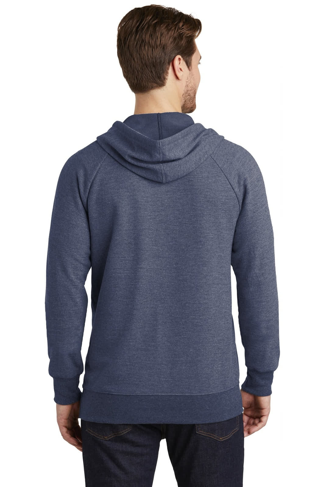 A navy hoodie with a drawstring hood, featuring a back view of a man wearing it, showcasing its fit and style.