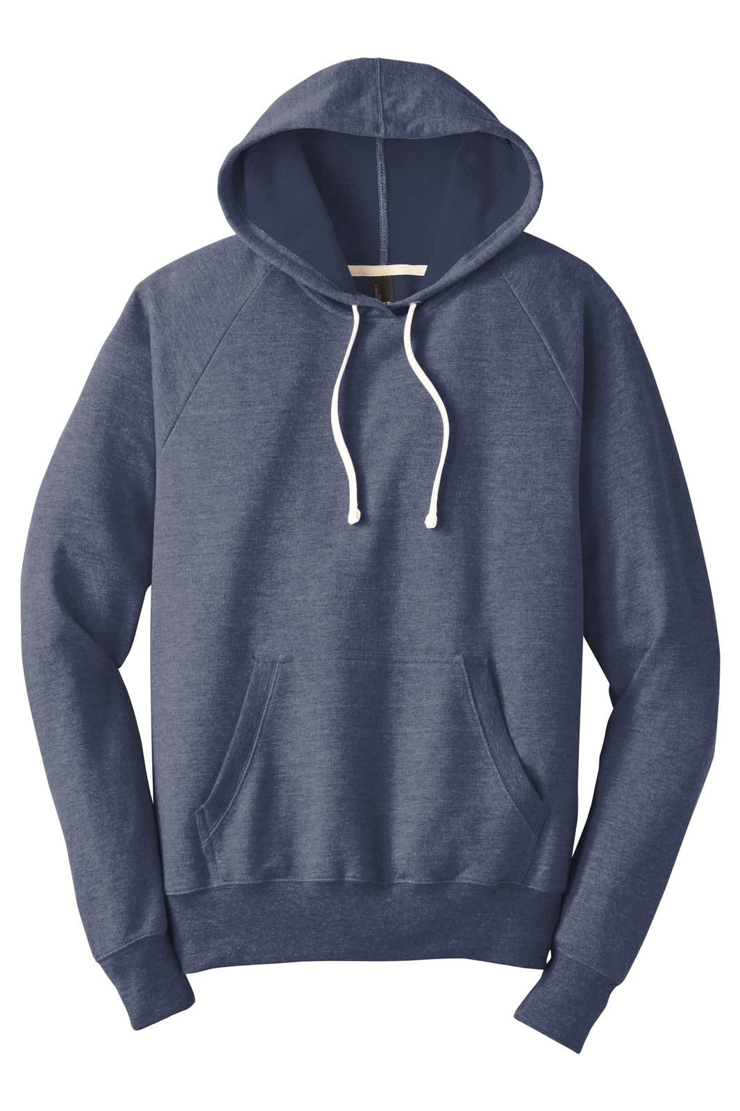 A dark blue hoodie featuring a front pocket and a drawstring hood. It has a logo on the chest.
