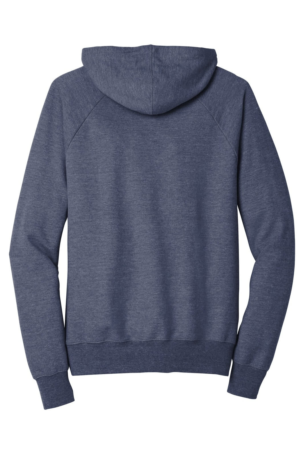 A dark blue hoodie with a kangaroo pocket and a branded logo on the back. It features a drawstring hood.
