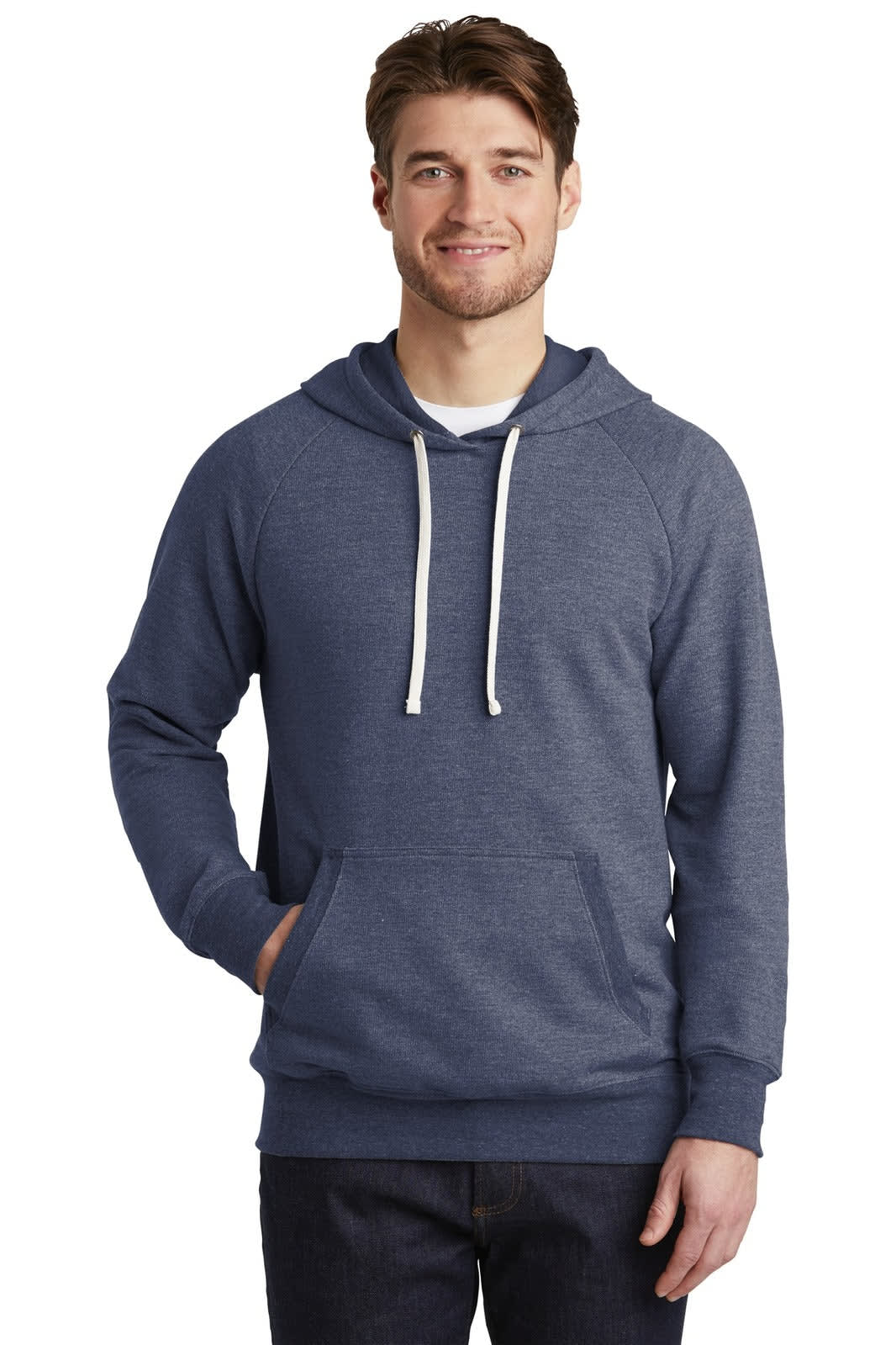 A navy blue French terry hoodie featuring a front pocket and a drawstring hood. The model is wearing the hoodie.