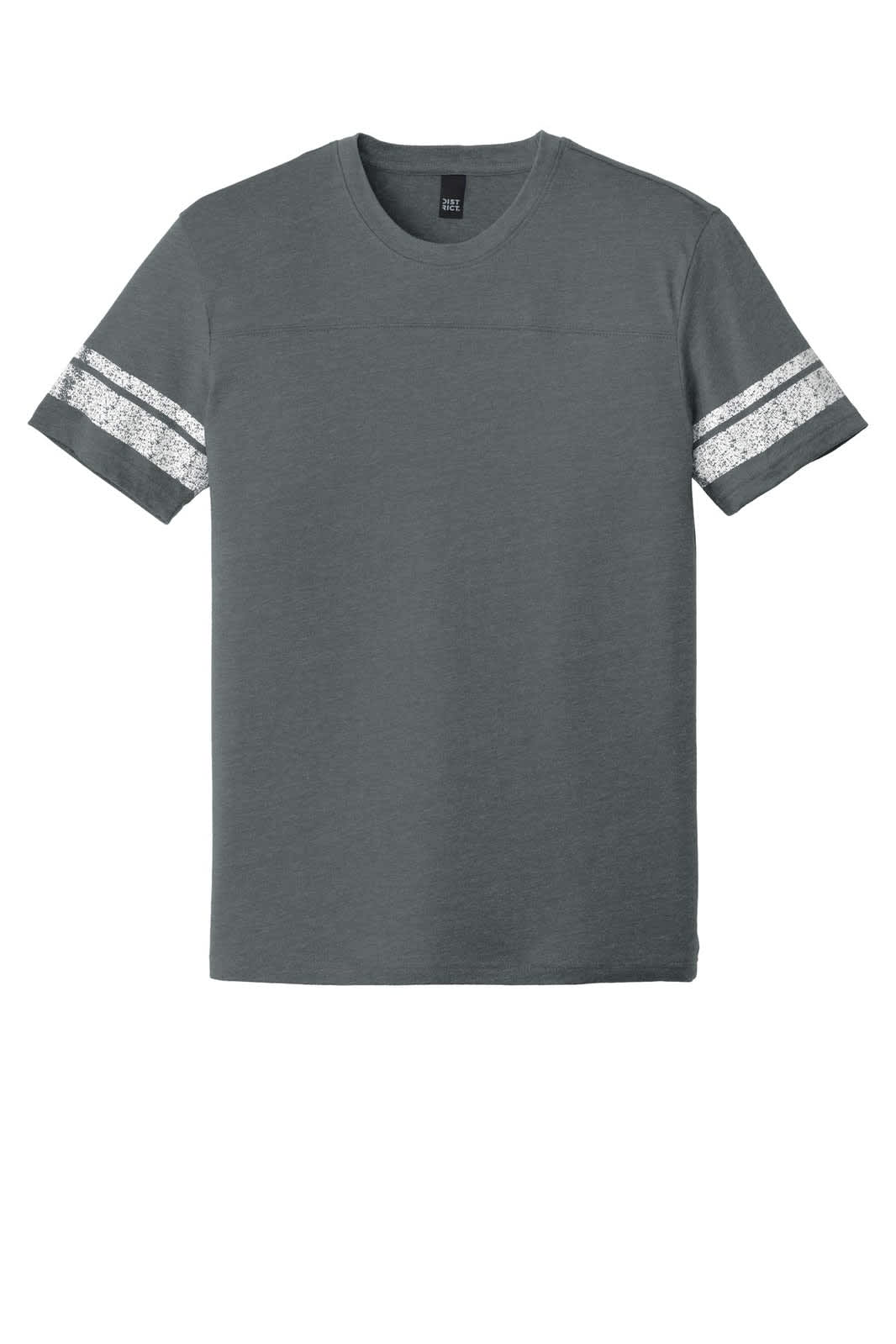 A grey t-shirt with decorative patterned sleeves and a logo on the neckline.