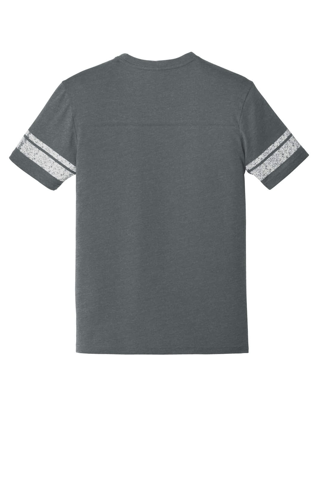 A grey men's t-shirt featuring short sleeves with decorative stripes. The back is plain with a small logo.