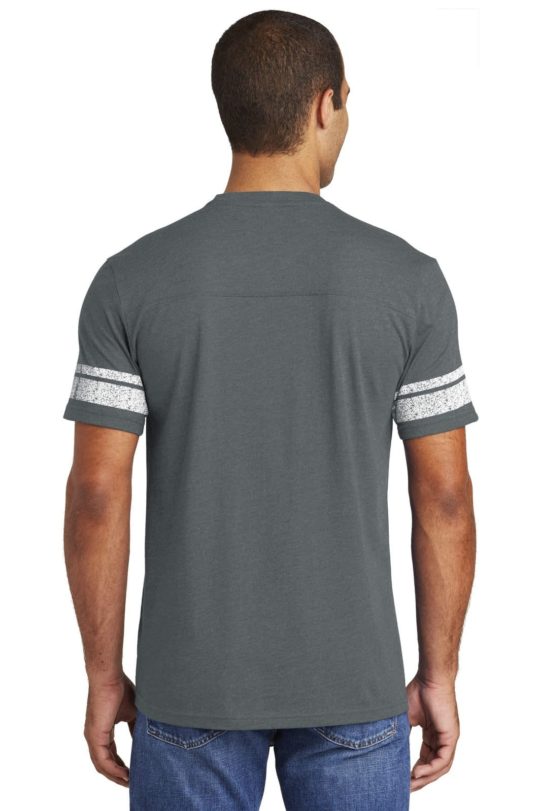 A men's grey T-shirt with striped sleeves, featuring a logo on the back.
