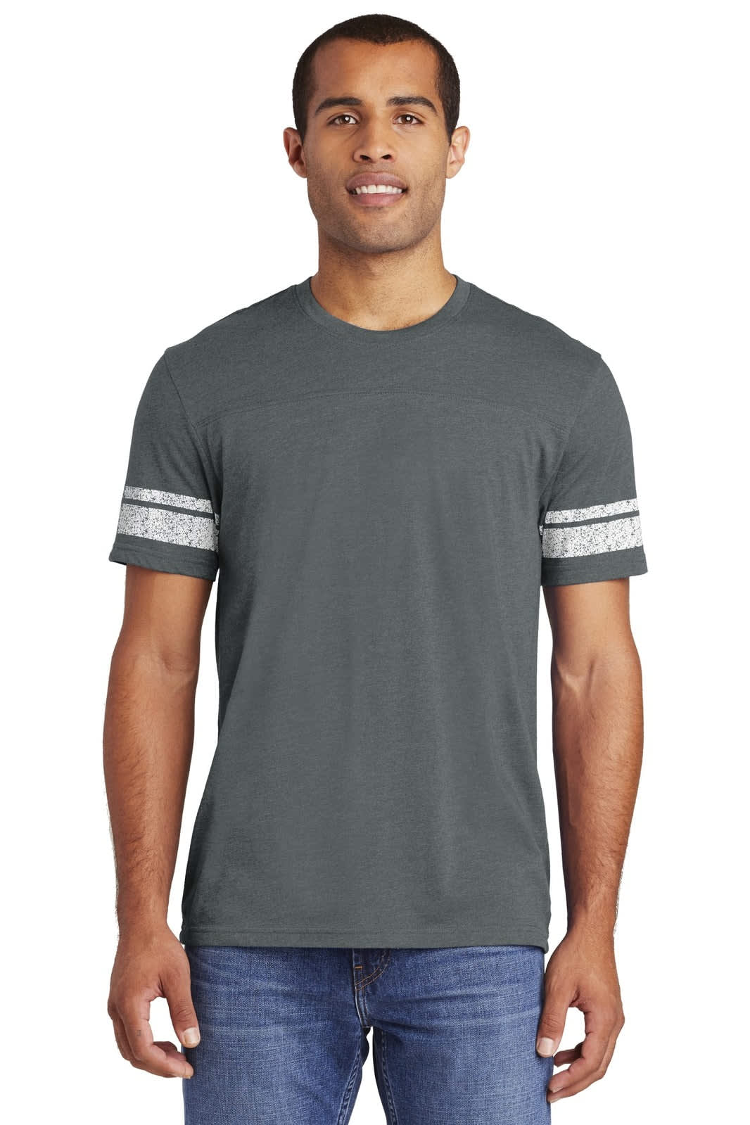 A grey T-shirt featuring striped sleeves, modelled by a man, with a logo visible on the shirt.
