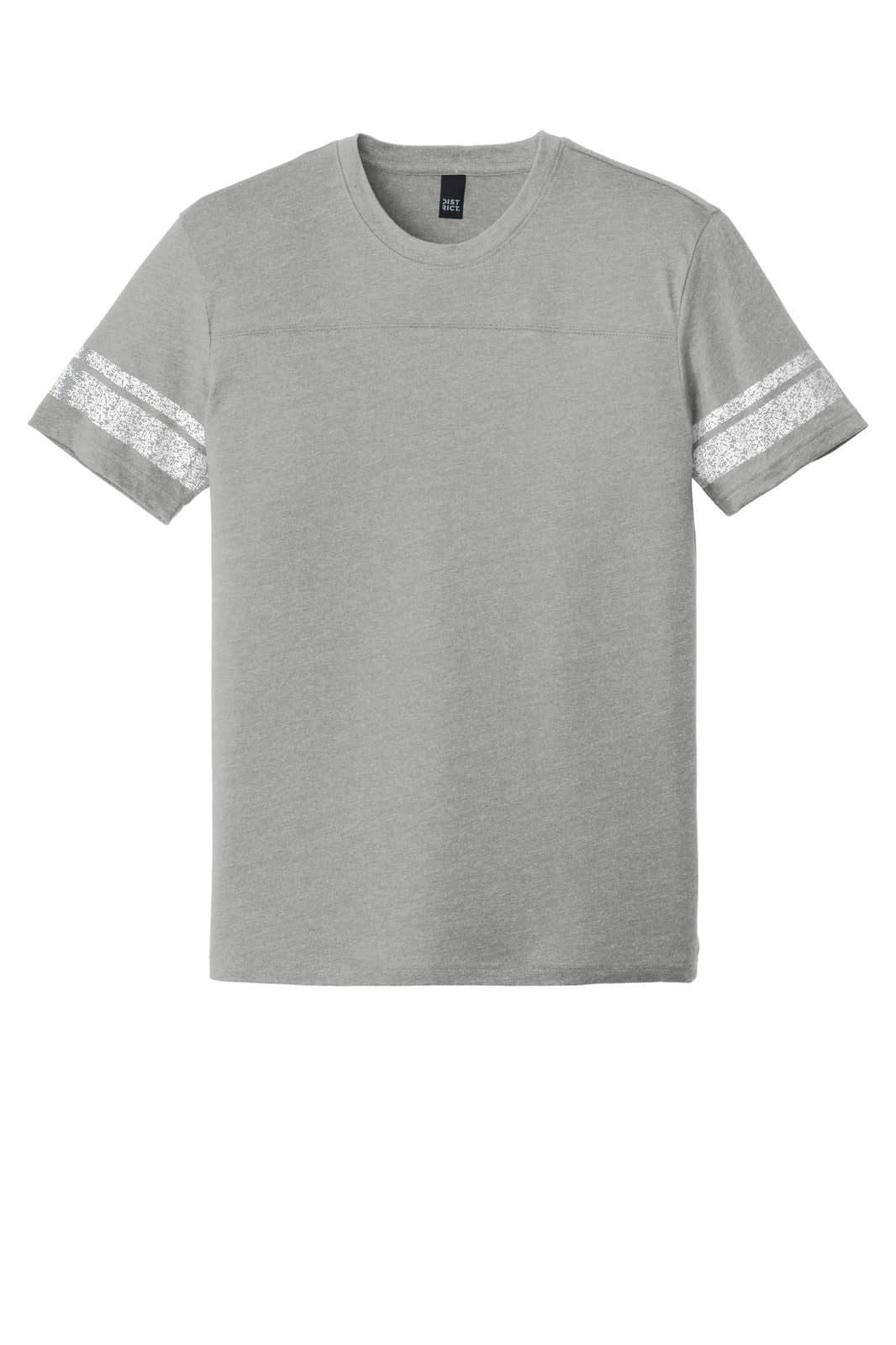 A grey men's t-shirt featuring patterned stripes on the sleeves and a logo on the chest.