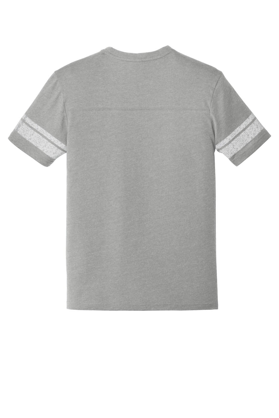 A grey men's T-shirt featuring decorative stripes on the sleeves and a logo branding.