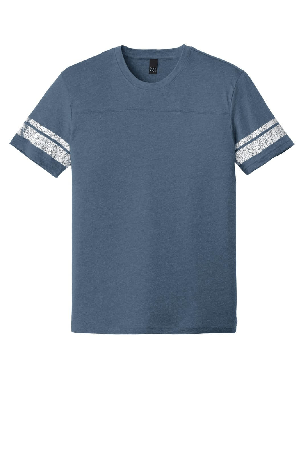 A blue men's t-shirt featuring decorative striped patterns on the sleeves and a brand logo.