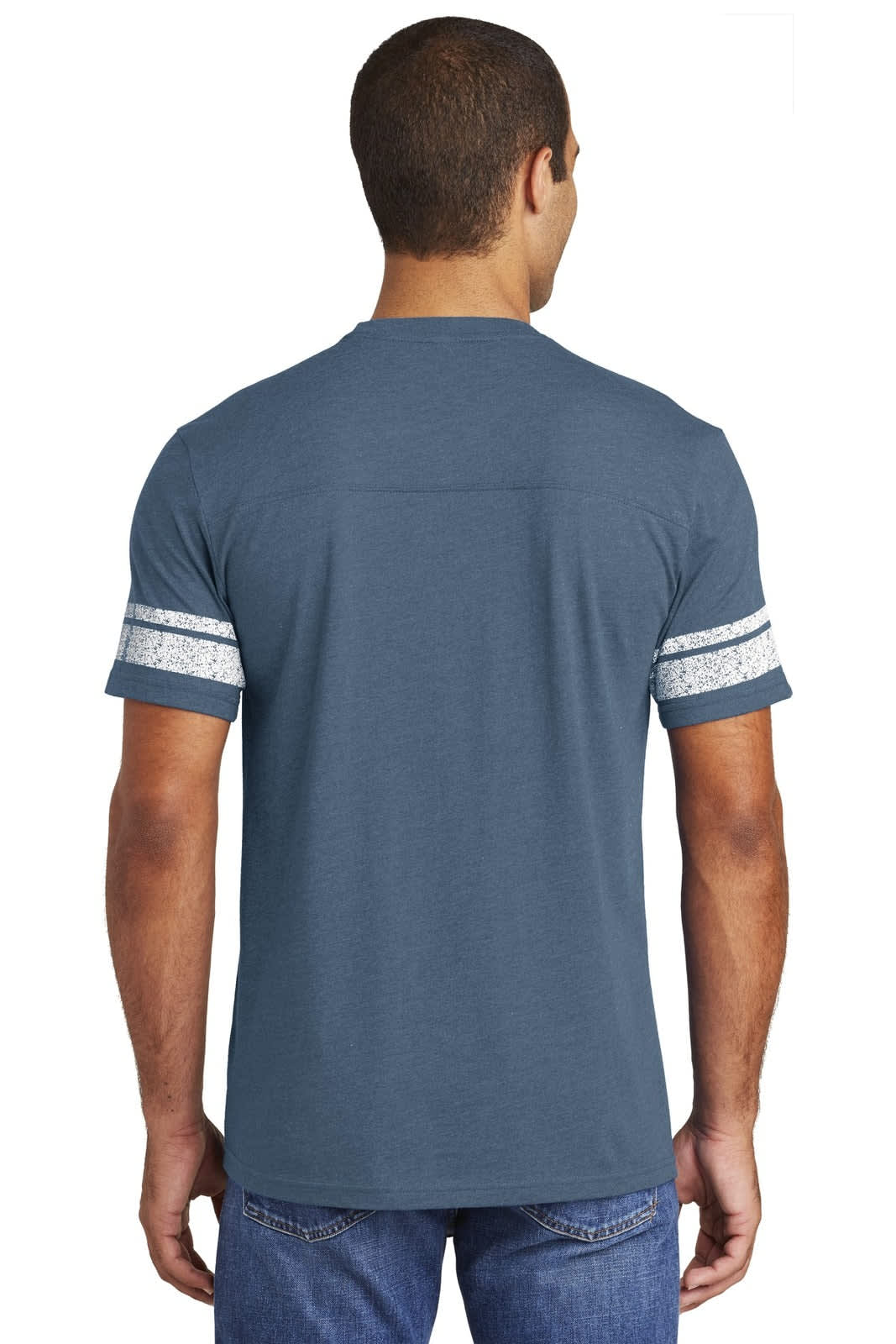 A men's blue t-shirt with contrasting striped sleeves and a logo on the back.