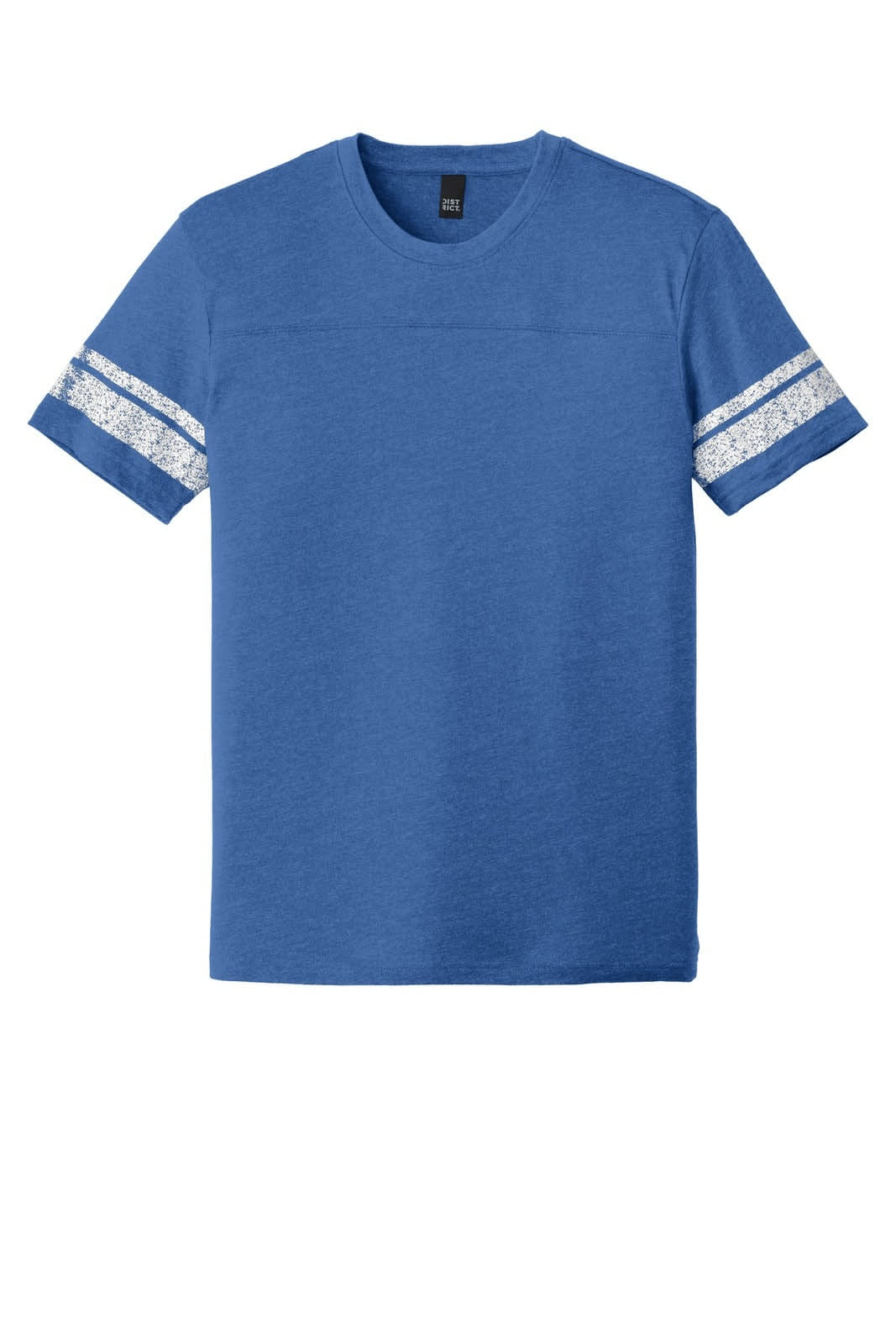 A blue men's T-shirt with patterned white stripes on the sleeves and a logo on the chest.