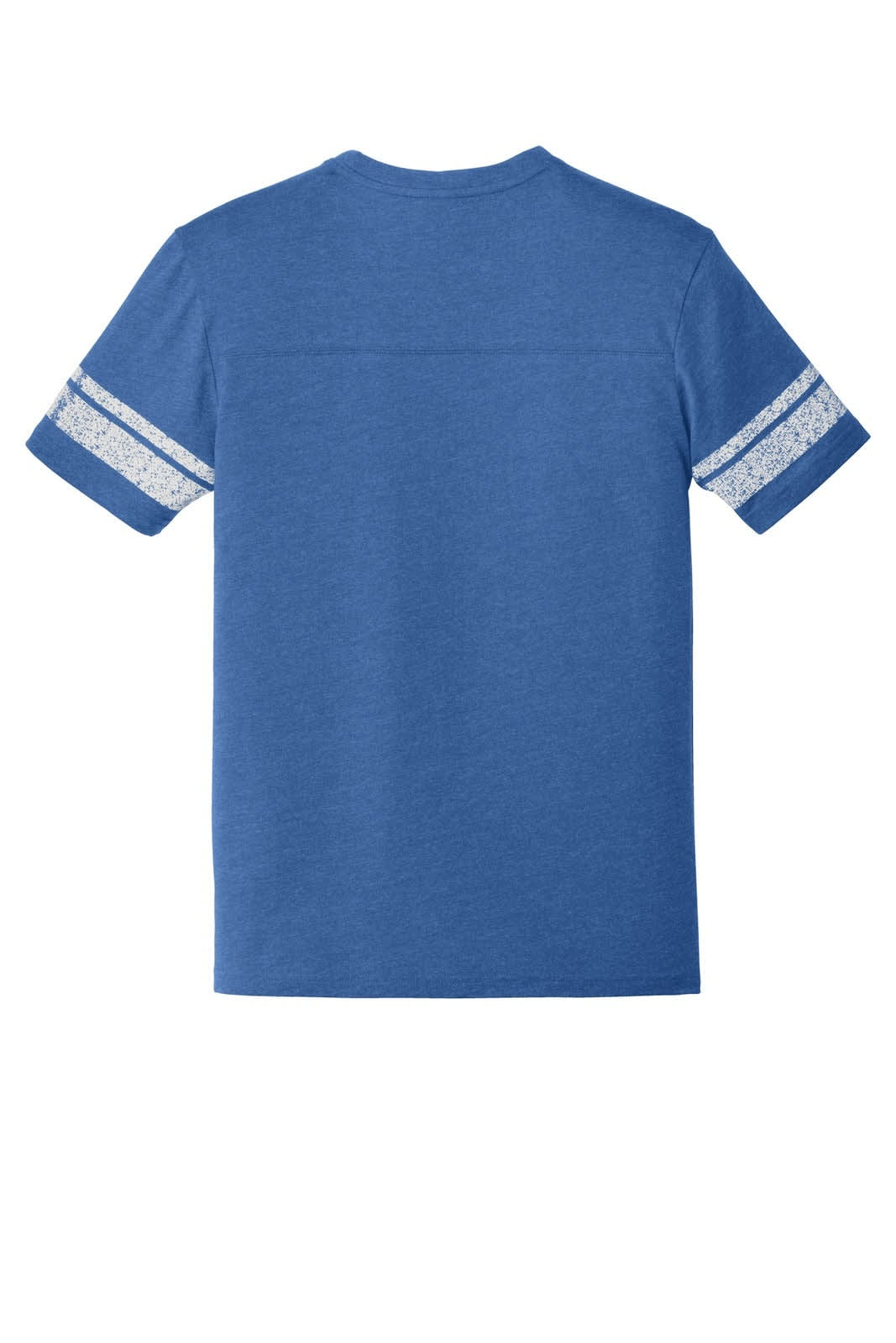 A blue men's t-shirt with white striped detailing on the sleeves and a branding logo.