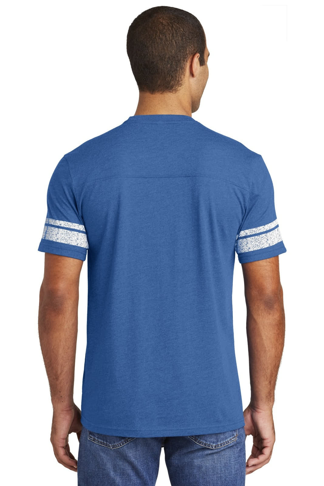 A blue men's t-shirt with white striped sleeves, featuring a logo on the back.