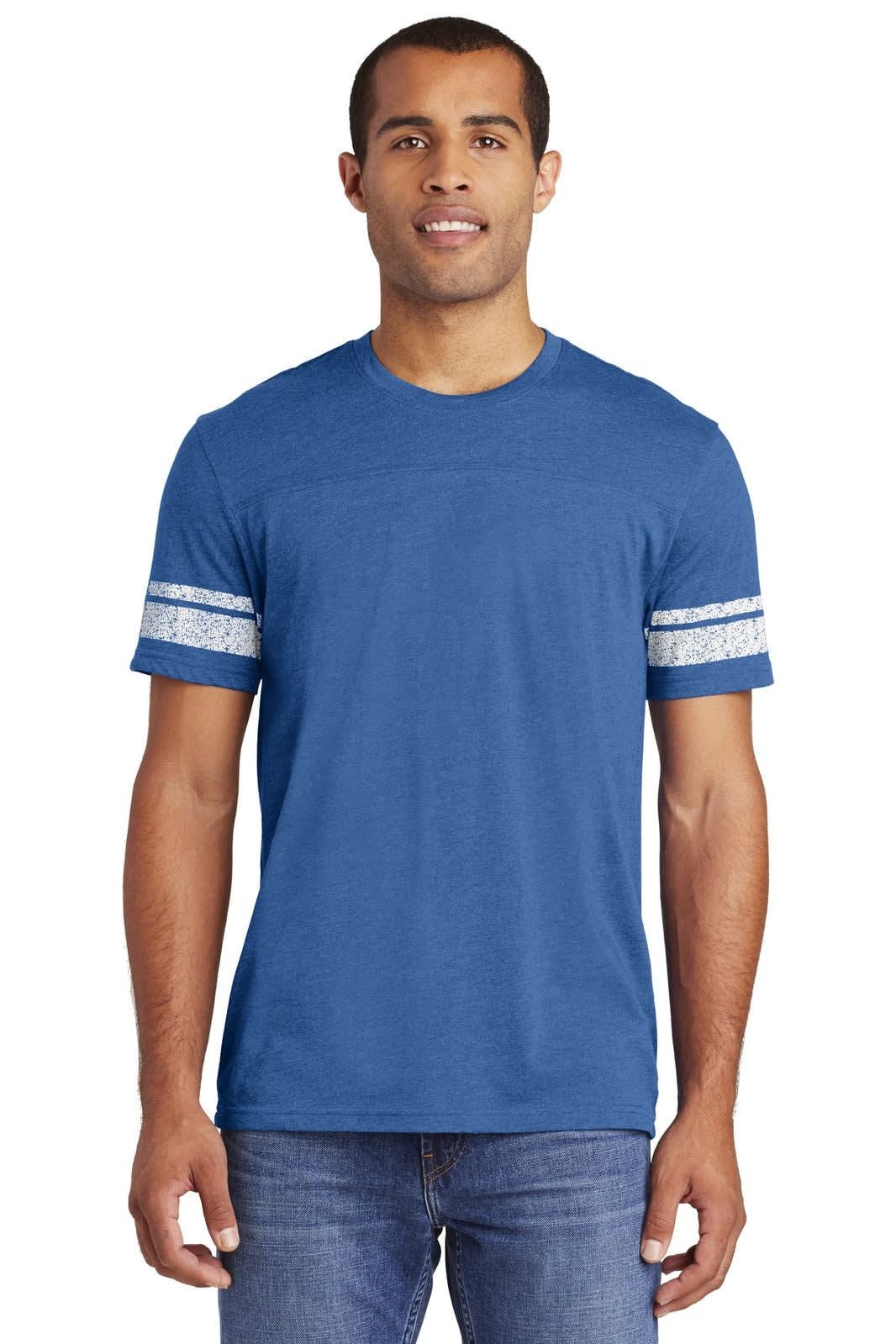 A blue men's T-shirt featuring striped detailing on the sleeves and a branding logo.