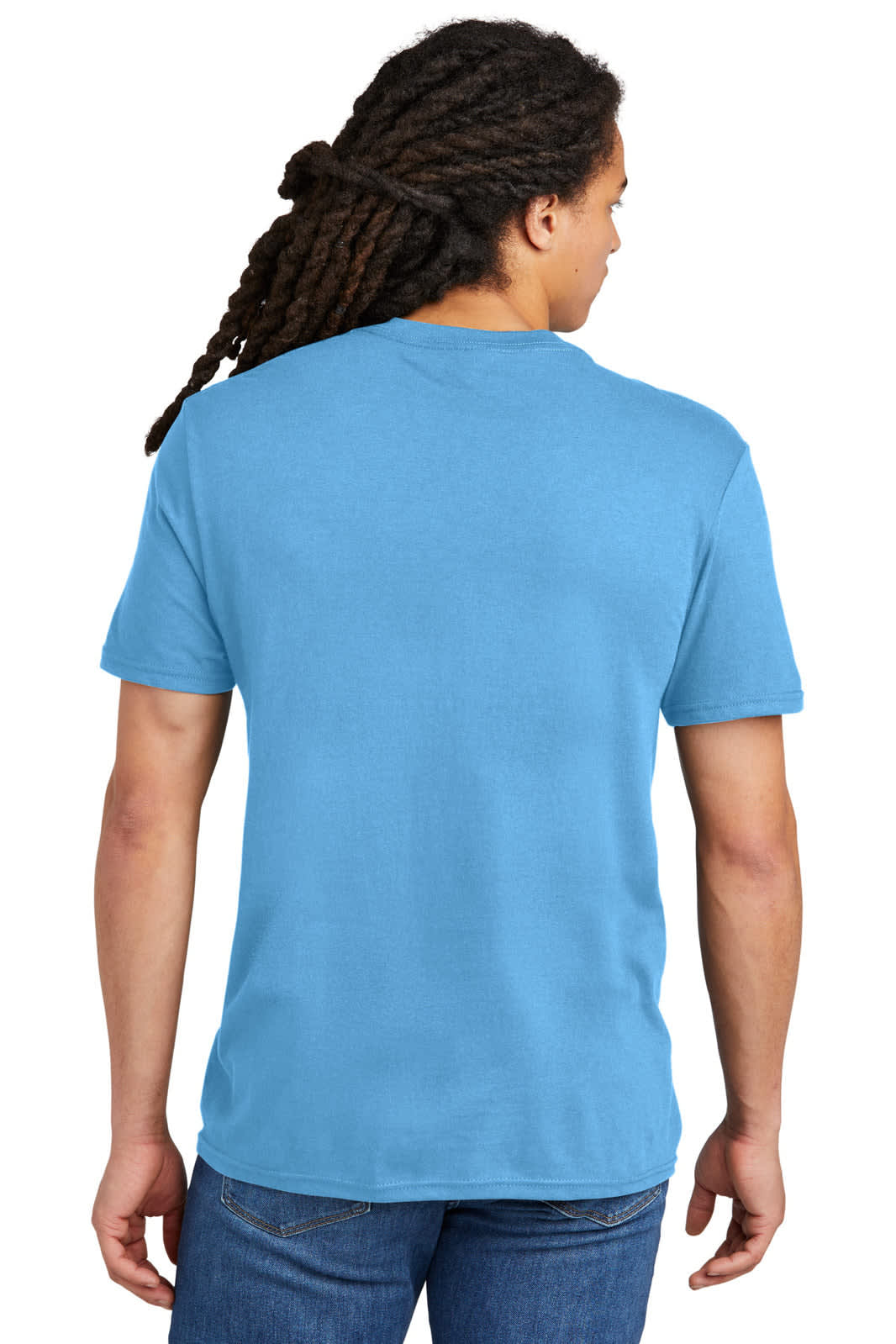 A light blue T-shirt featuring a simple design, shown from the back on a model with long hair.