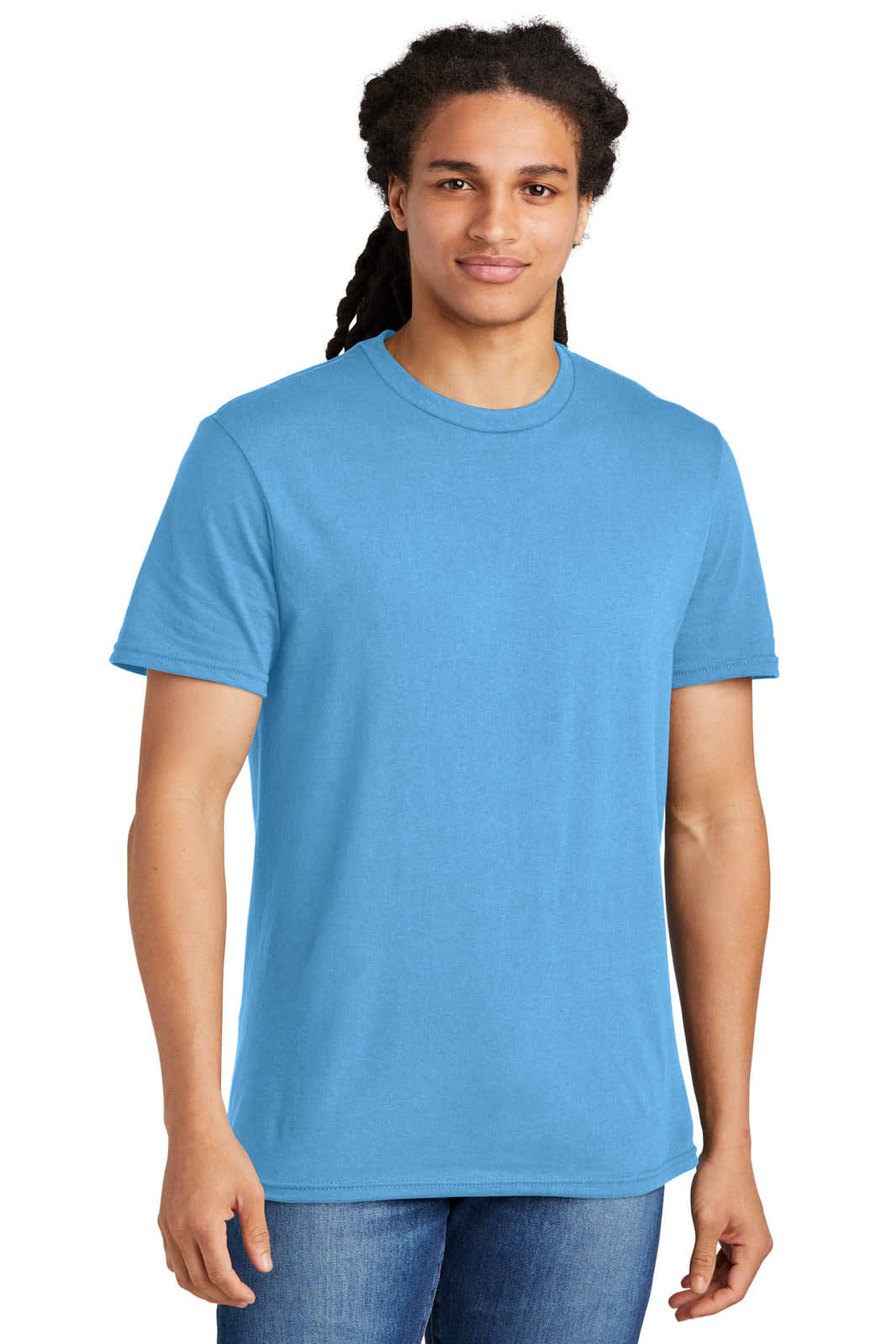 A blue t-shirt featuring a round neckline and short sleeves, displayed on a model with long hair and a neutral background.