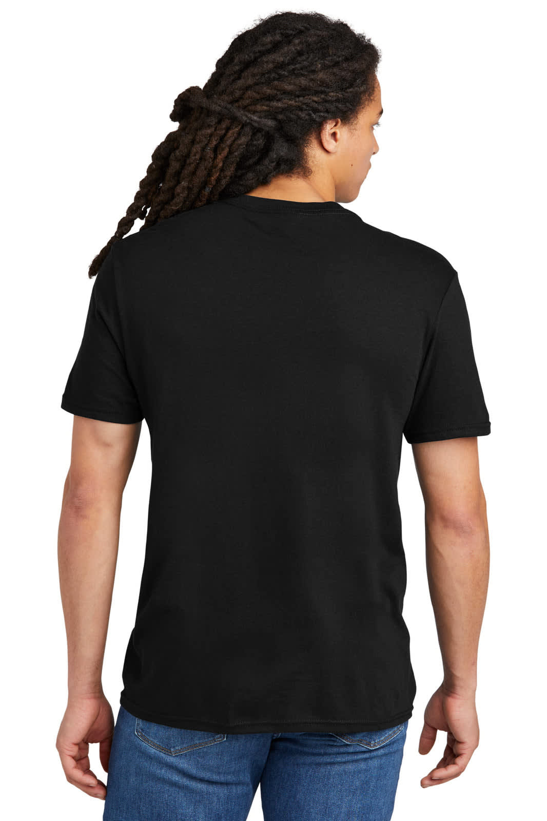 A black t-shirt is displayed on a model from the back, featuring a simple design and a logo.