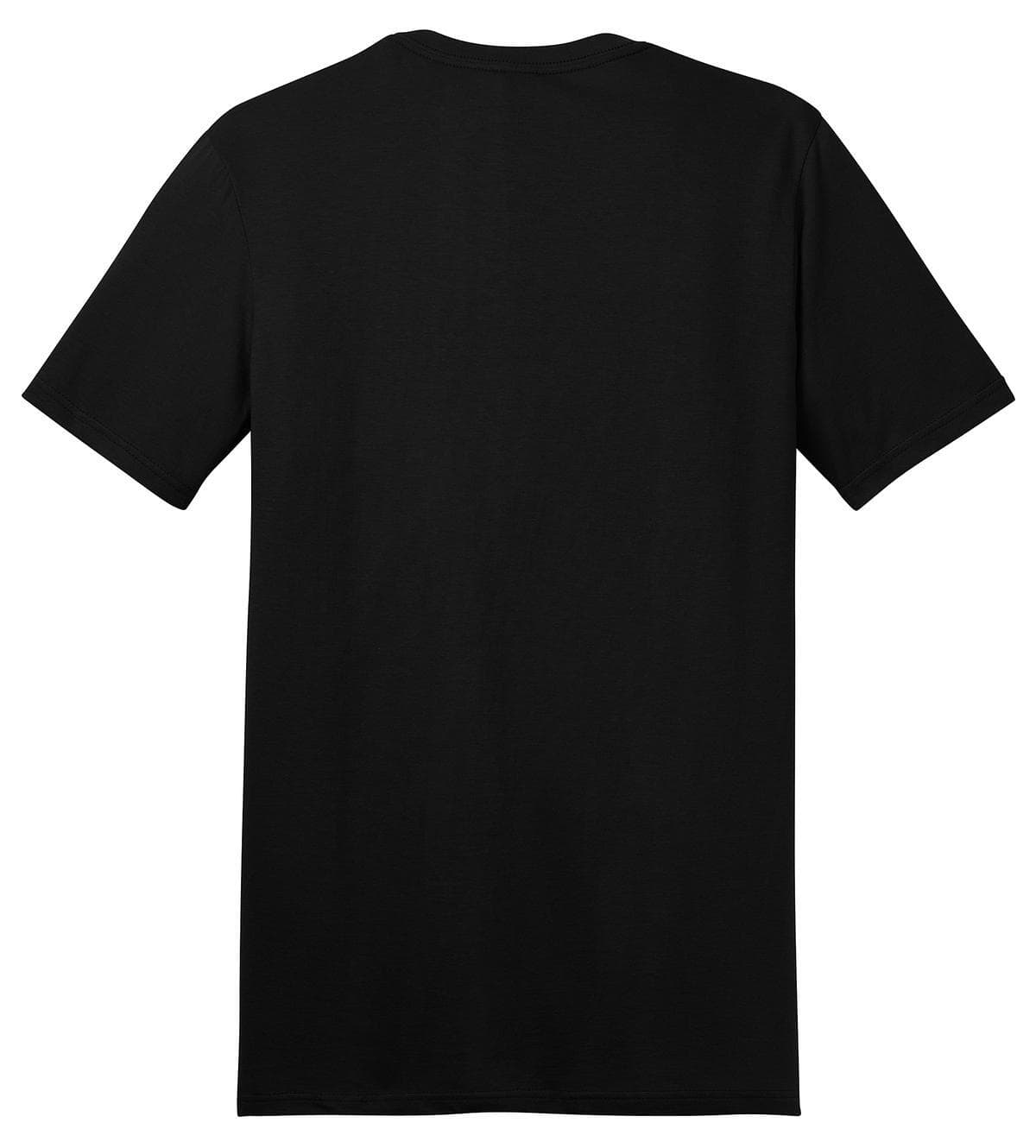 A black t-shirt with short sleeves and a plain back. It features a logo on the upper back area.