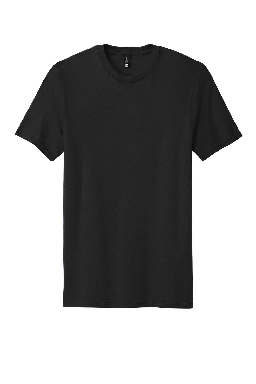 A black short-sleeved T-shirt with a crew neckline and a logo on the label.
