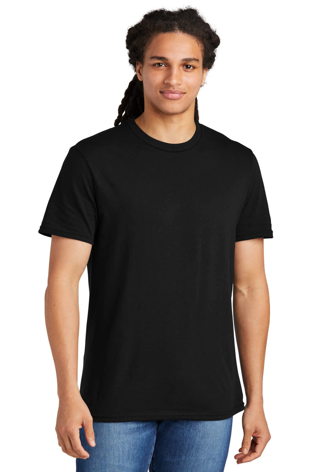 A black short-sleeve T-shirt designed for young men, featuring a plain front and a casual fit.