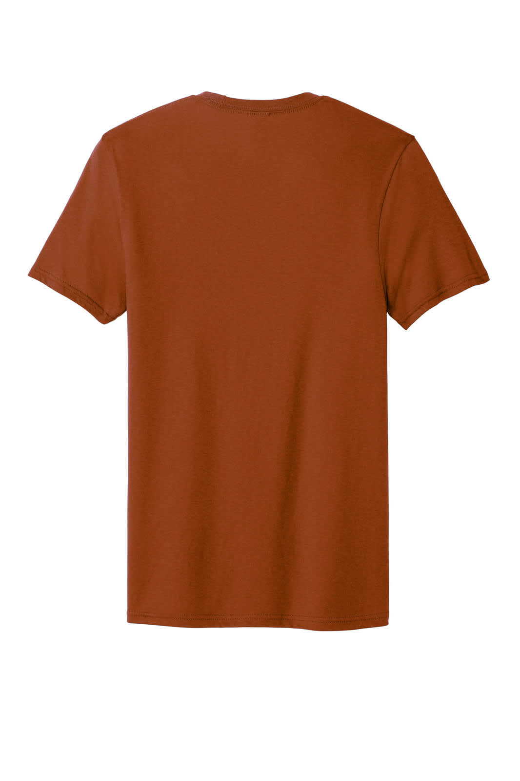 A rust-coloured T-shirt with short sleeves and no visible design, displayed from the back. It features a logo.