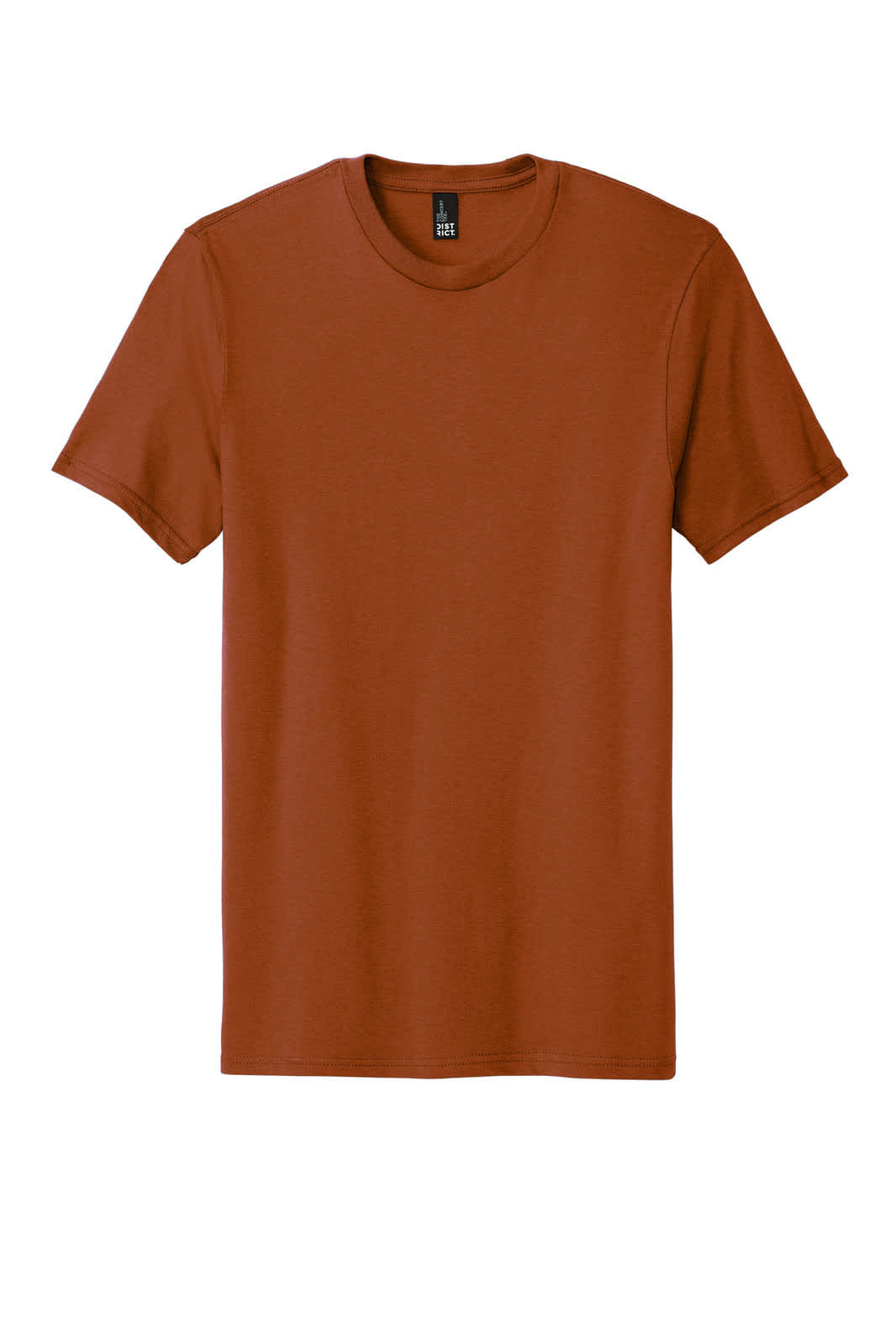 A rust-coloured t-shirt with short sleeves and a round neck, featuring a logo.