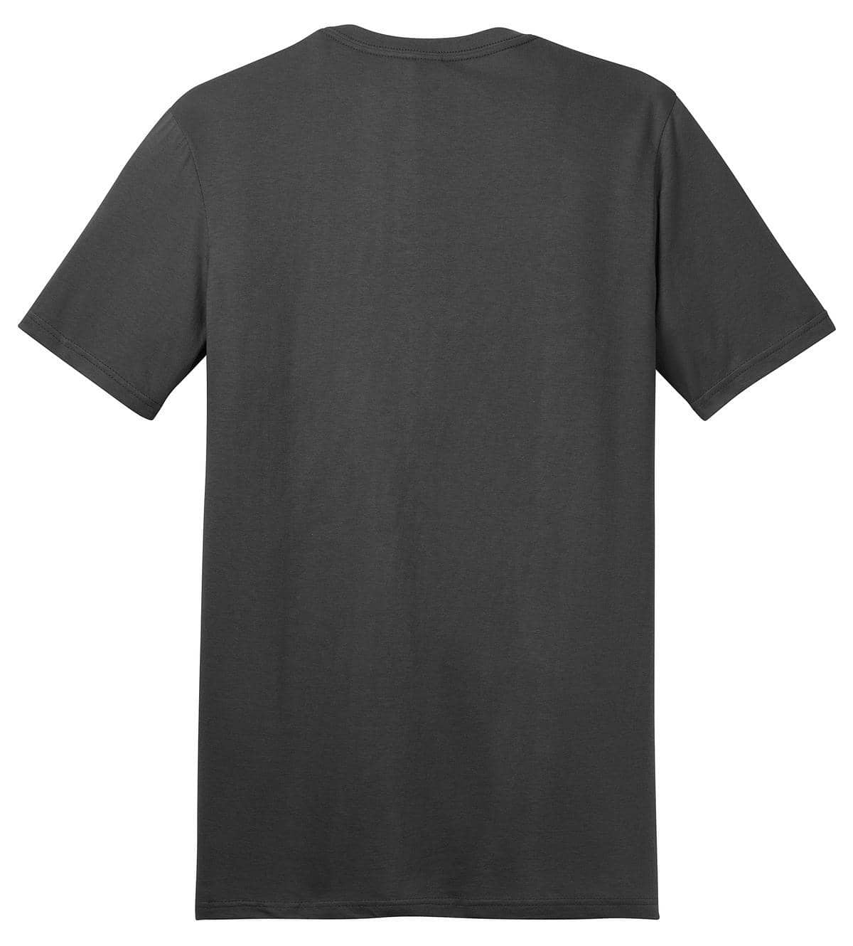 A dark grey t-shirt with short sleeves and a plain back, featuring a logo.