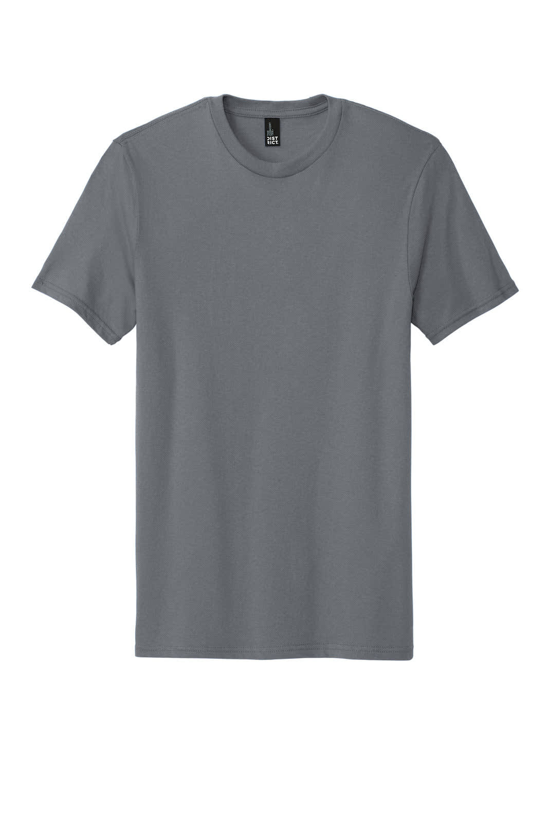 A grey short-sleeved t-shirt featuring a crew neck and a logo.