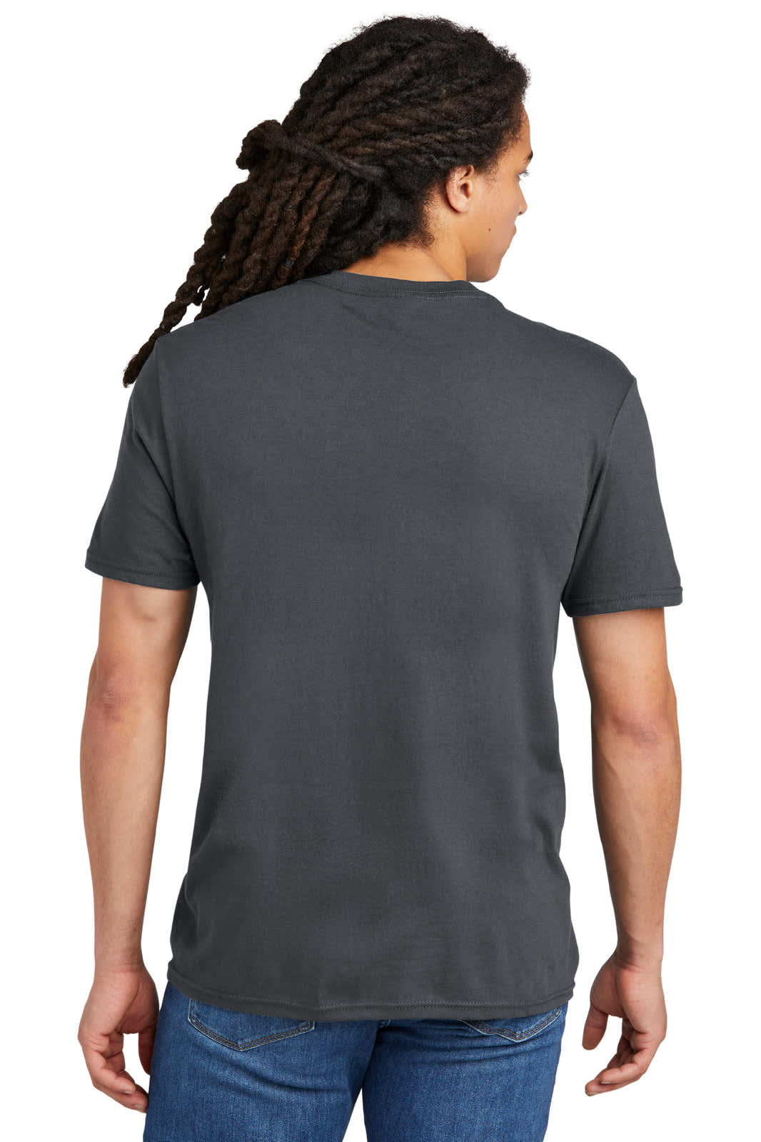 A grey t-shirt with a crew neckline and short sleeves, featuring a logo on the back.