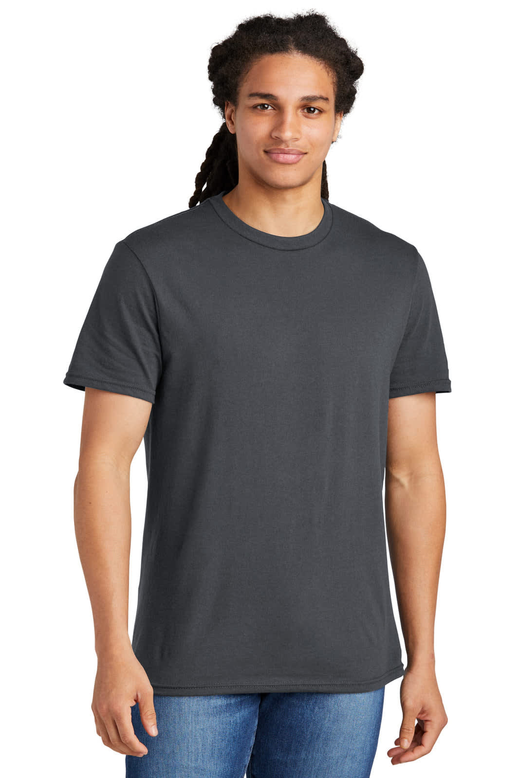 A grey t-shirt for young men, featuring a classic crew neck and short sleeves. It has a logo on the front.