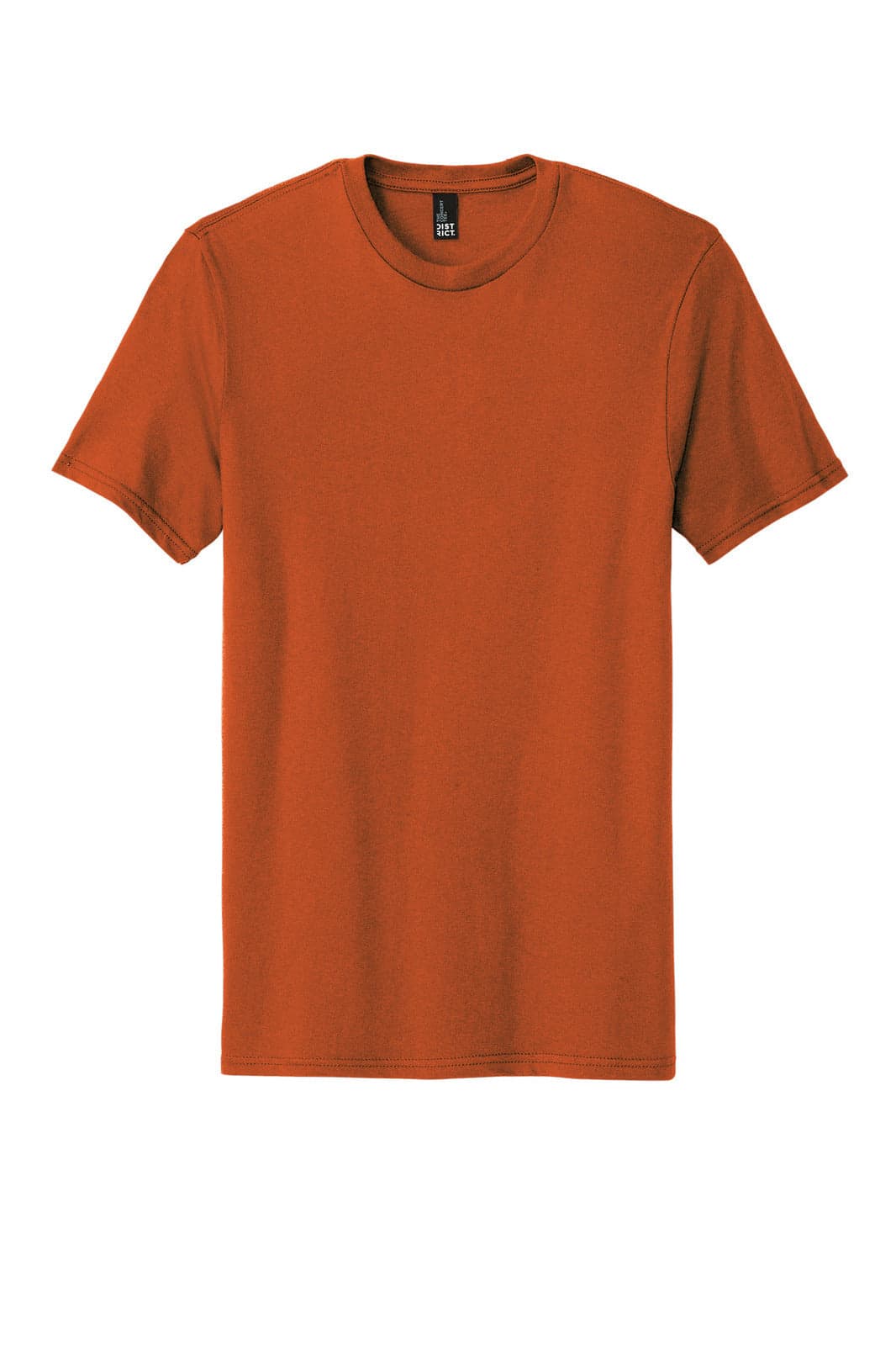 An orange t-shirt with short sleeves and a crew neckline, featuring a logo on the label.