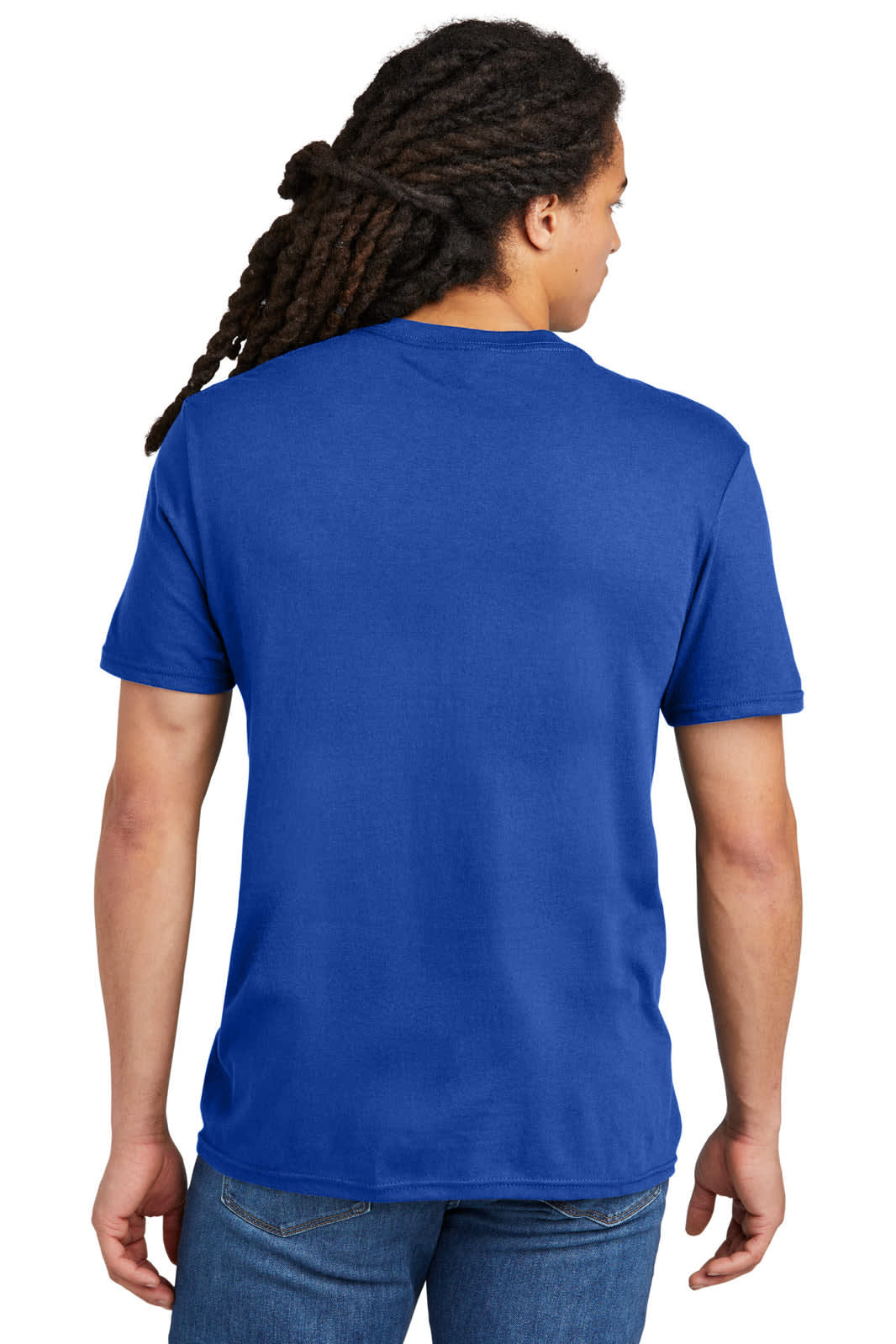 A blue T-shirt featuring a logo on the back, designed for young men.