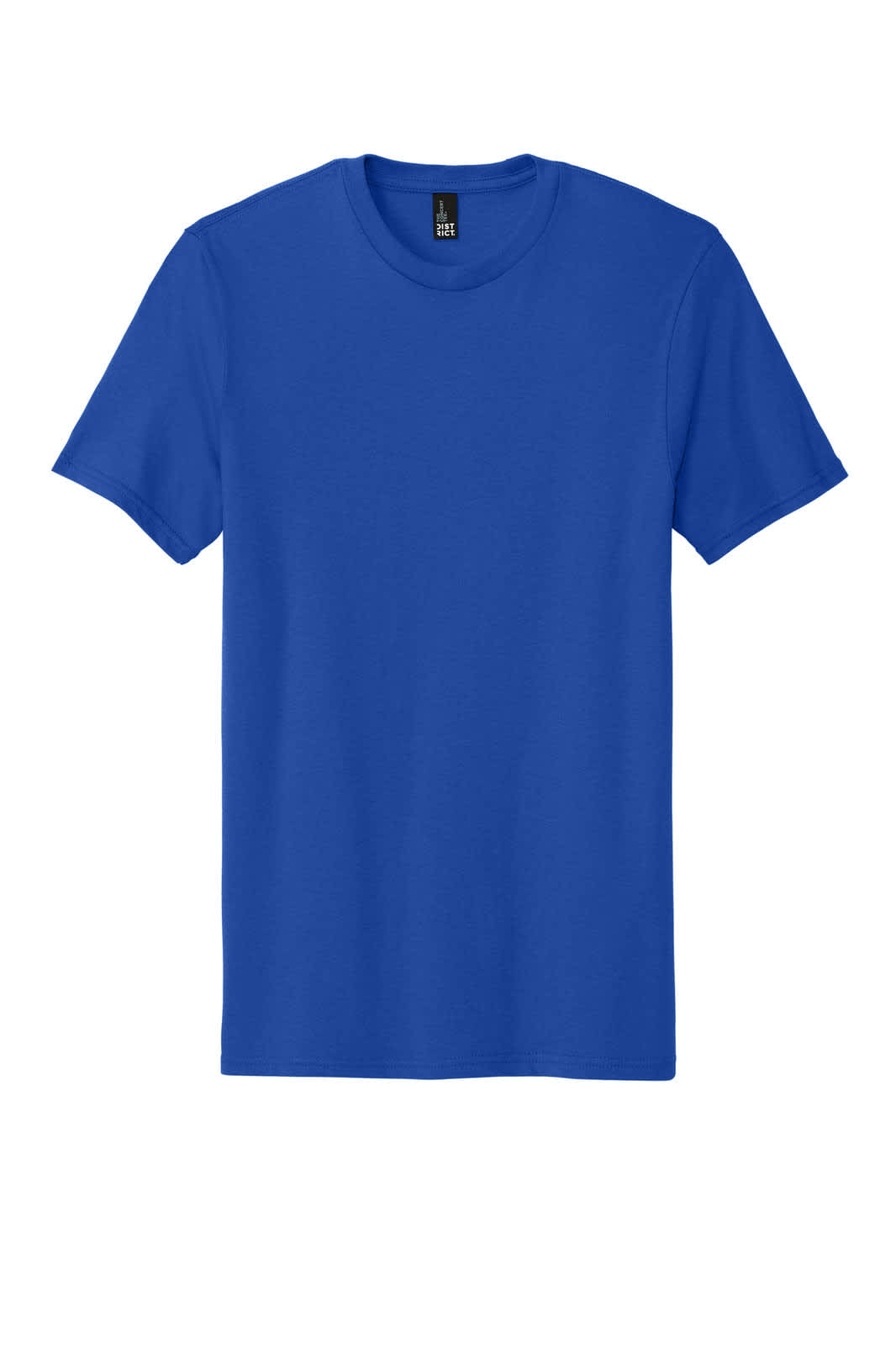 A blue short-sleeve t-shirt featuring a round neckline and a logo on the label.