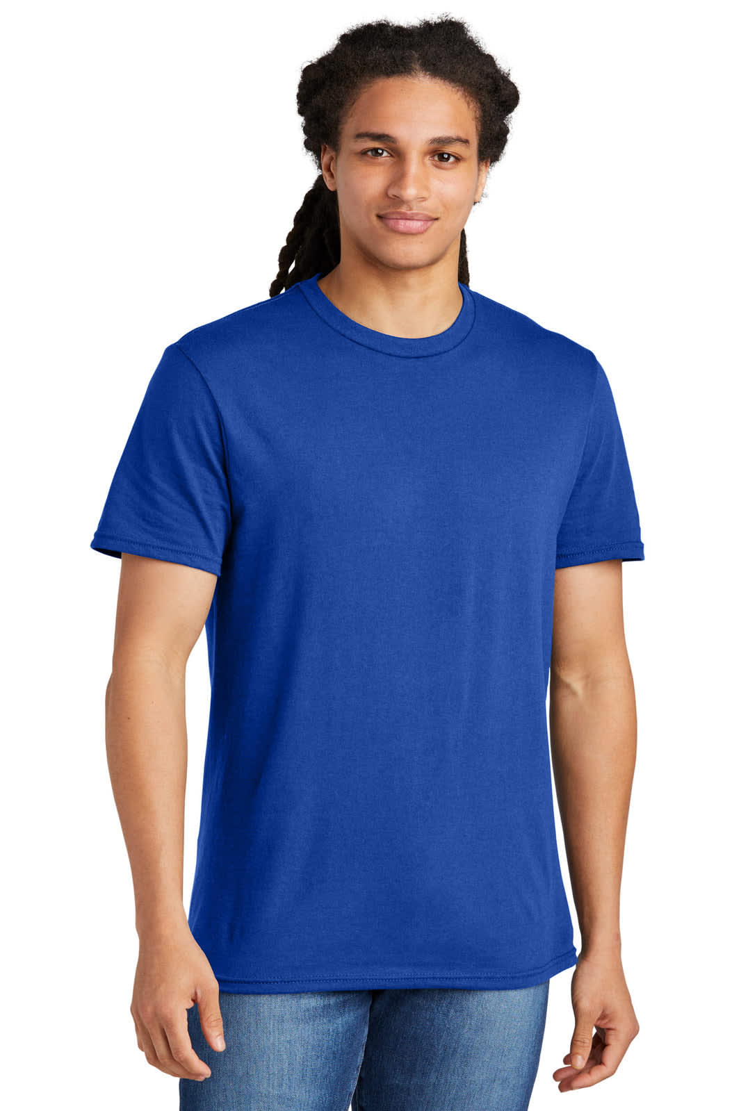 A blue t-shirt featuring a classic crew neck and short sleeves. The model has long hair and is standing casually.