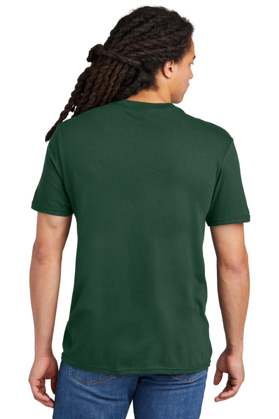A green T-shirt with a crew neck, featuring a solid back design and a model showcasing it.