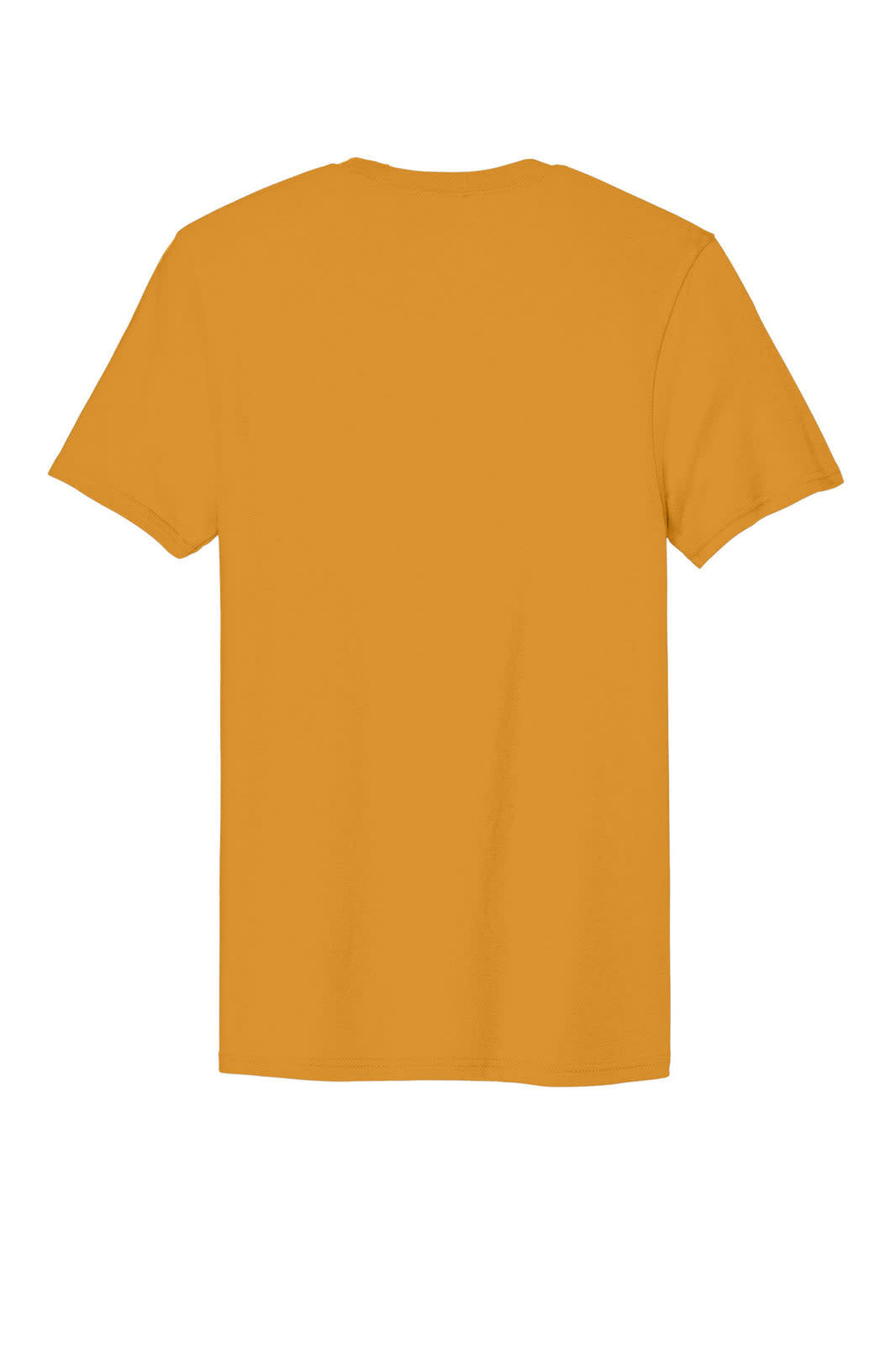 A plain, mustard yellow T-shirt with short sleeves and a simple design, featuring a logo on the back.