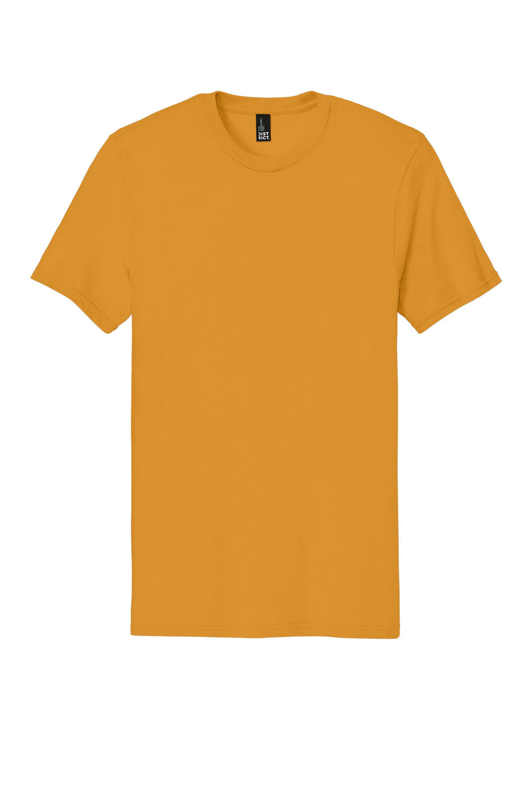 A mustard yellow T-shirt with short sleeves and a brand logo on the neckline.