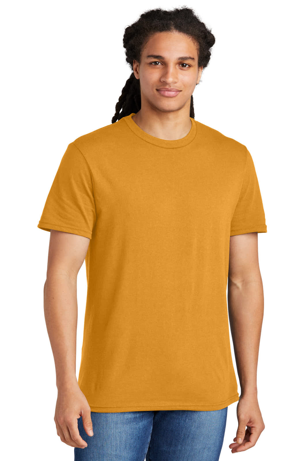 A mustard yellow t-shirt with a classic crew neck and short sleeves, featuring a logo on the front.