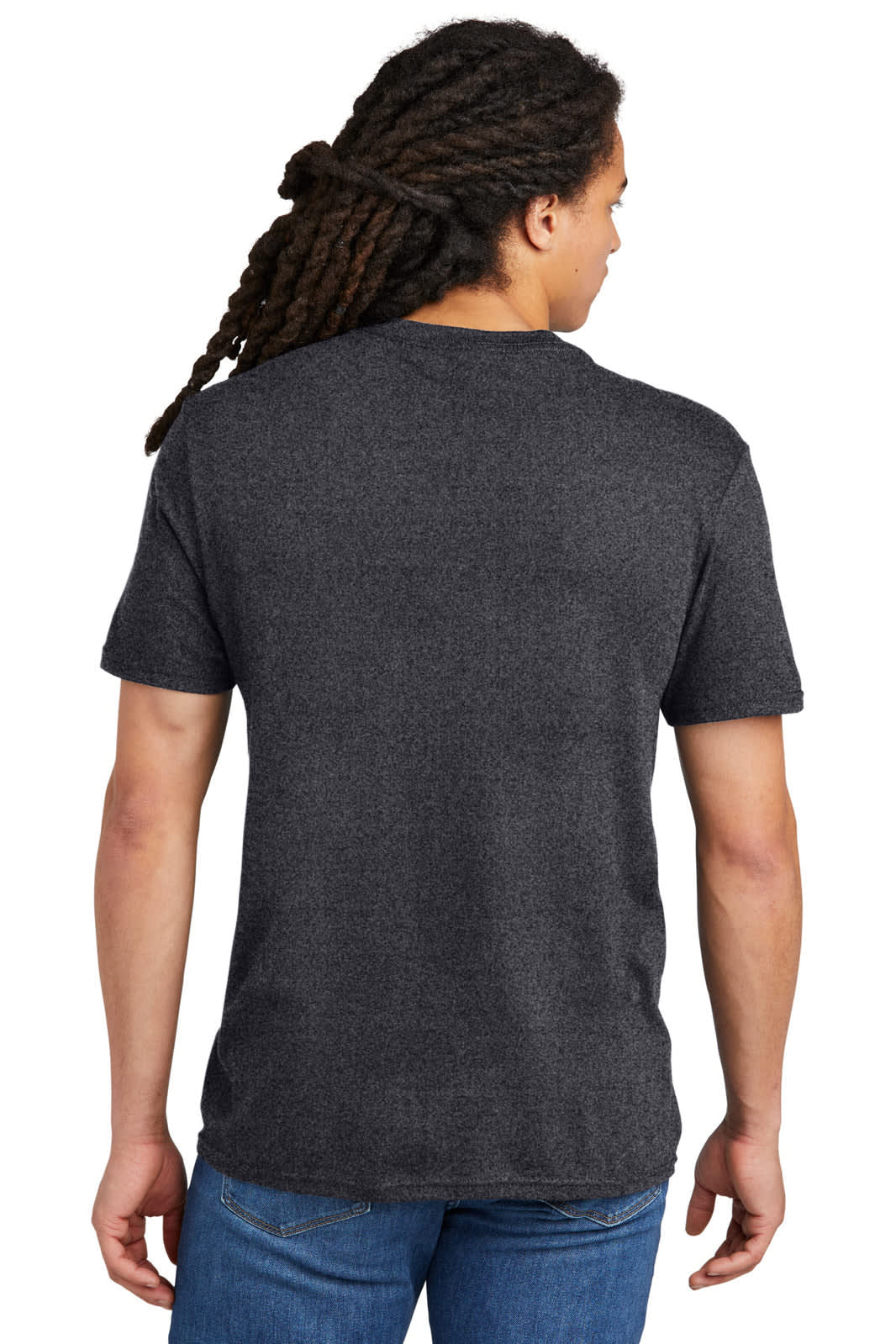 A black t-shirt featuring a simple design, shown from the back on a model with long hair.