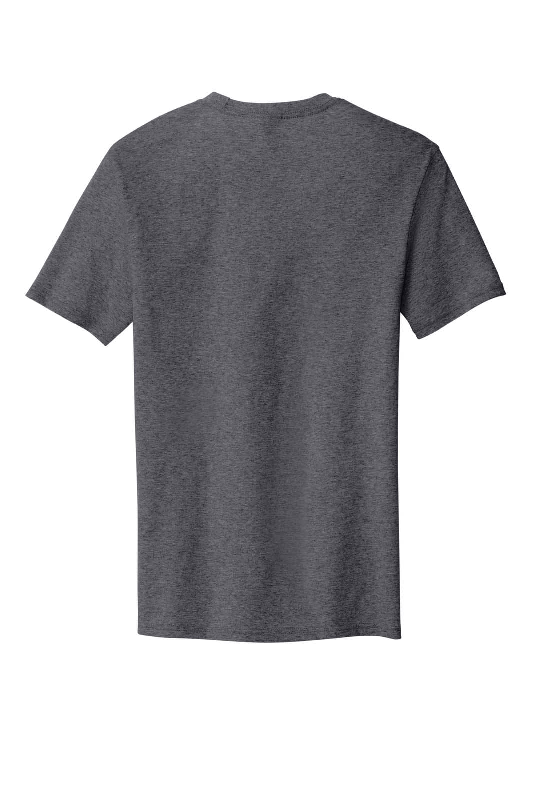 A grey T-shirt with short sleeves and a plain back, featuring a brand logo.