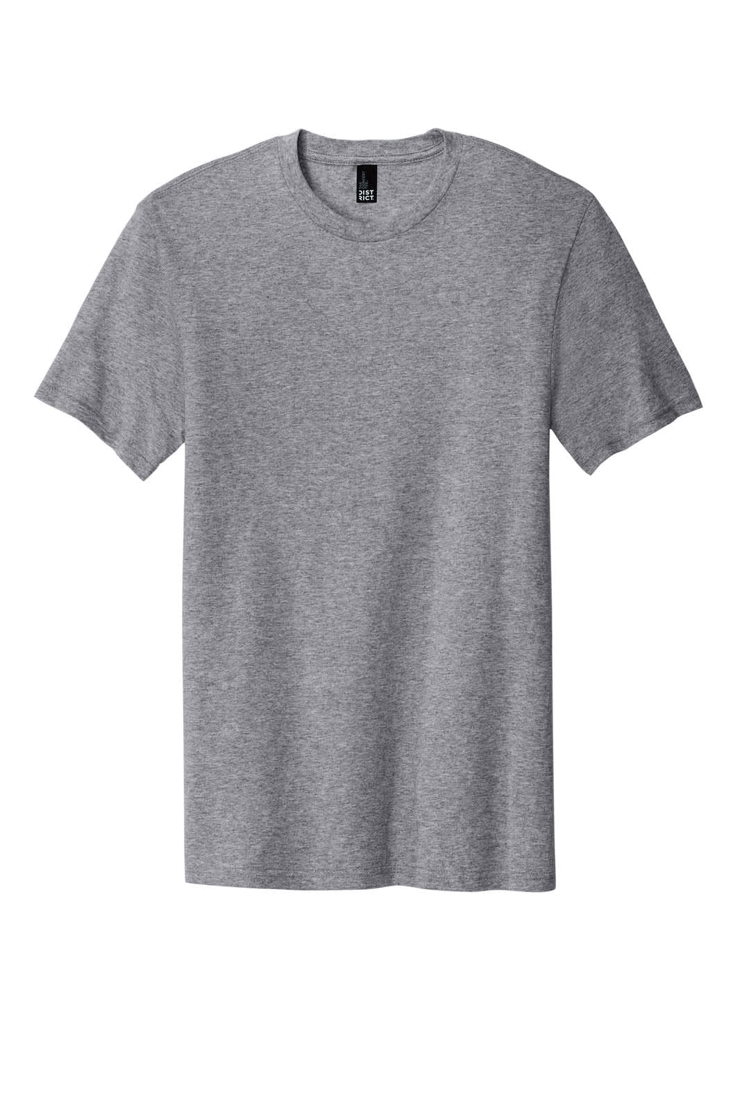 A grey t-shirt featuring a crew neck and short sleeves, with a tagless design and a logo.