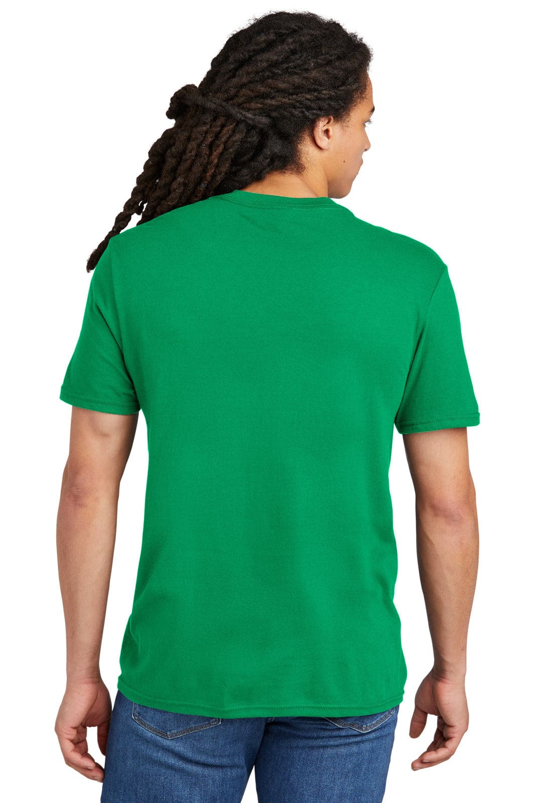 A green t-shirt with a standard crew neck and short sleeves, featuring a logo on the back.