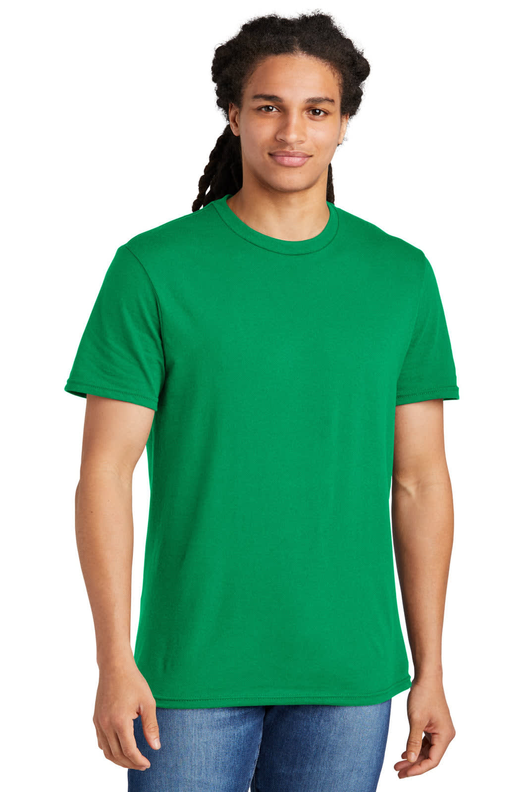 A green t-shirt for young men with short sleeves and a round neck, featuring a logo on the chest.