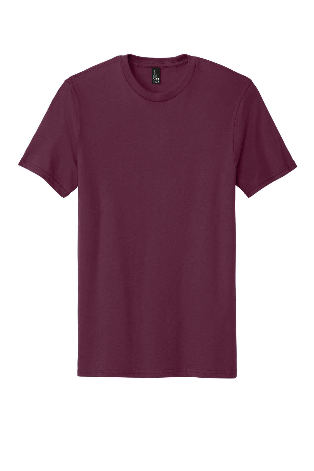 A maroon t-shirt with short sleeves and a crew neck, featuring a logo on the label.