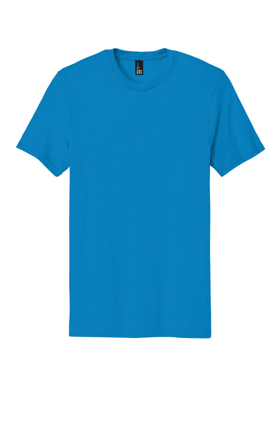 A bright blue t-shirt with short sleeves and a round neck. It features a branding logo on the label.