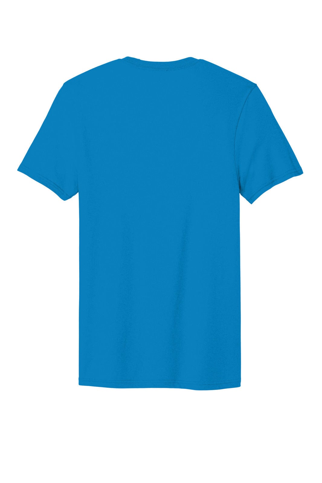 A blue t-shirt with a round neckline and short sleeves, featuring a logo on the back.