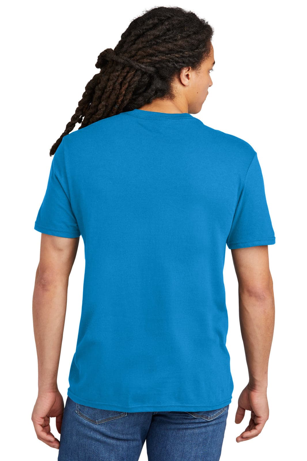A blue T-shirt viewed from the back, featuring a plain design and a logo on the back.