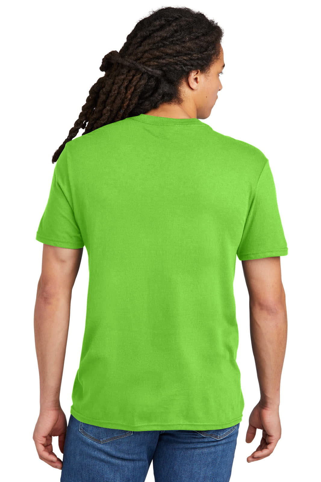 A bright green t-shirt with short sleeves, featuring a smooth back design and a logo on the front.