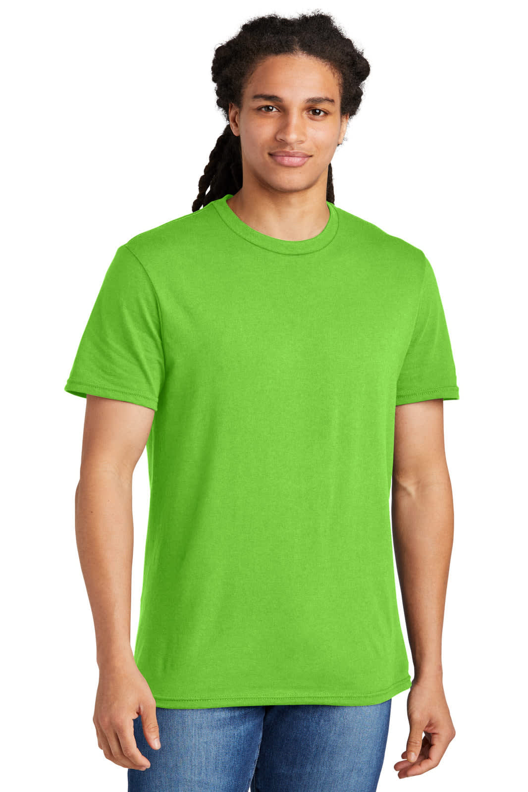 A young man is wearing a bright green t-shirt. The shirt features a standard crew neck design and short sleeves.